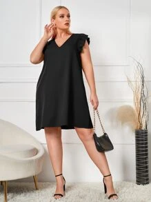 SHEIN Clasi Plus V Neck Ruffle Trim Tunic Dress - Black - View 4