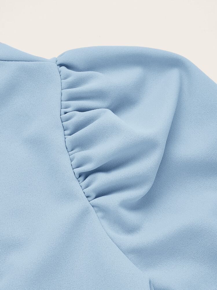 SHEIN Clasi 大碼泡泡袖圍裹腰帶花邊下擺上衣 - 淺藍色 - 查看 3