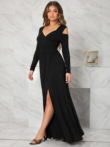 SHEIN Belle Cold Shoulder Split Thigh Dress,Tea Party Dress,Summer Dresses For Women - Black - View 4