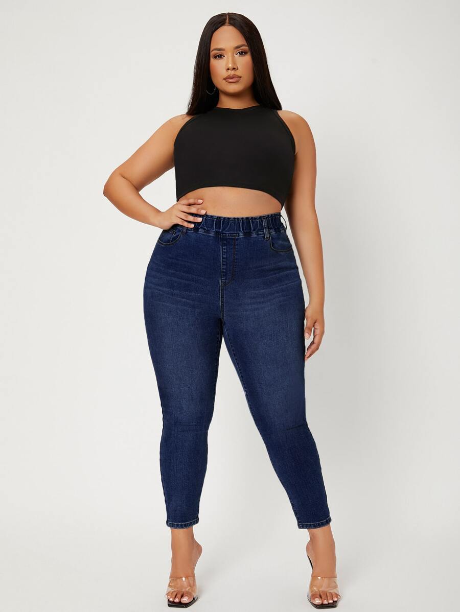 Quần Denim kích thước lớn Túi màu trơn - Rửa tối - Xem 1