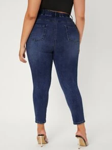 Quần Denim kích thước lớn Túi màu trơn - Rửa tối - Xem 2