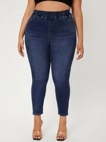 Quần Denim kích thước lớn Túi màu trơn - Rửa tối - Xem 3