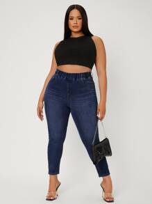 Quần Denim kích thước lớn Túi màu trơn - Rửa tối - Xem 4