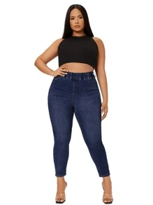 Quần Denim kích thước lớn Túi màu trơn - Rửa tối - Xem 5