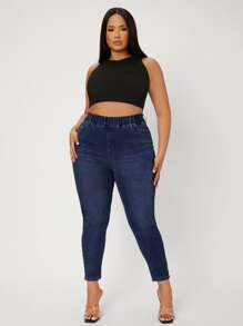 Quần Denim kích thước lớn Túi màu trơn - Rửa tối - Xem 6