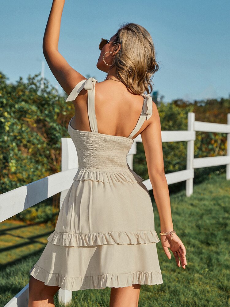 Eilly Bazar Tie Shoulder Shirred Waist Layered Hem Dress - Khaki - View 2