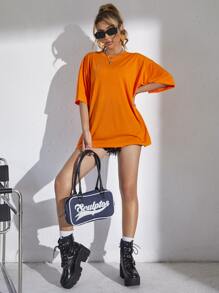 SHEIN EZwear 素色落肩T恤 - 橘色 - 查看 5