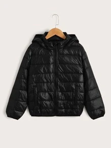 SHEIN Tween Boy Zip Up Hooded Padded Coat - Black - View 1