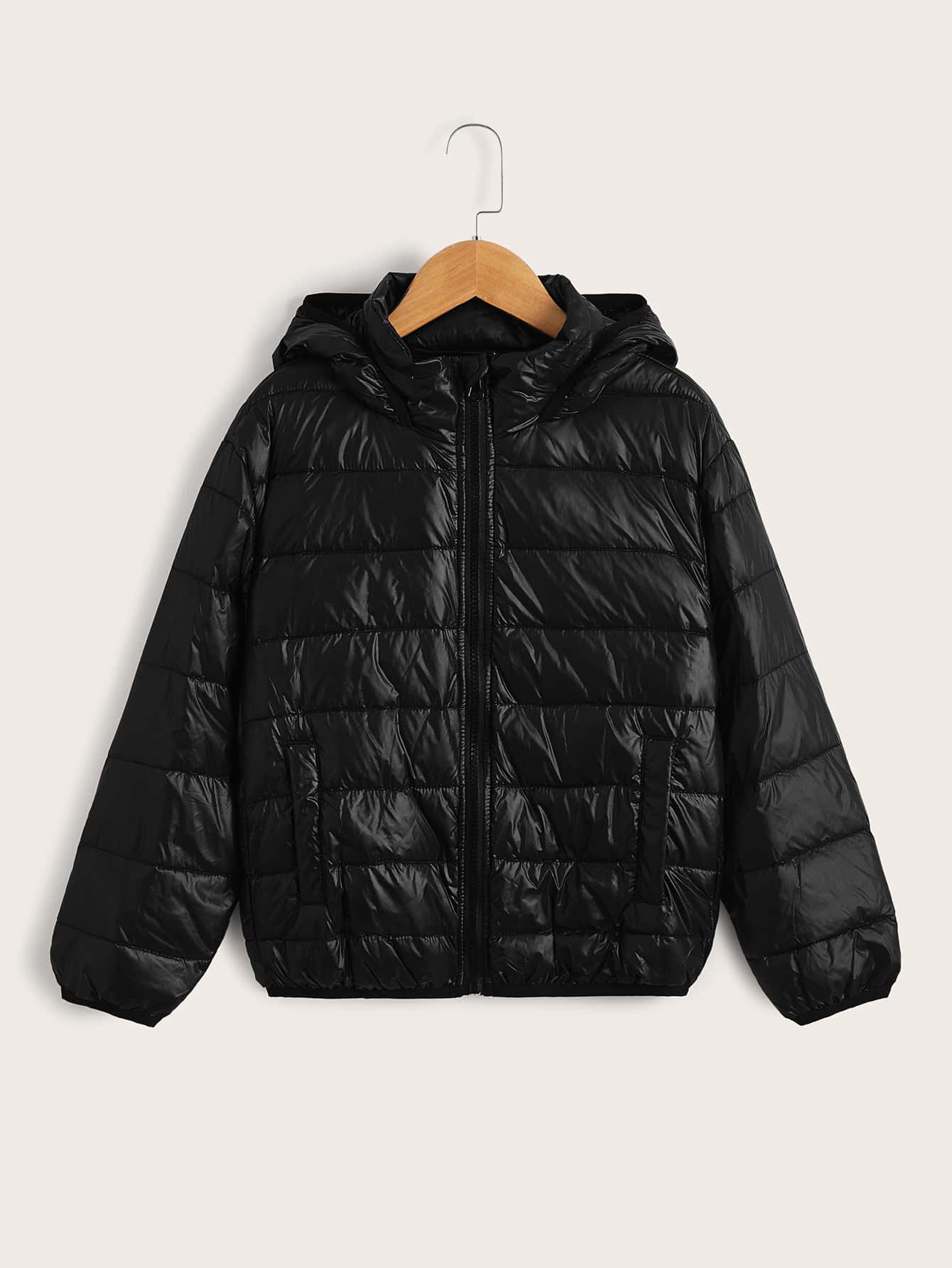 SHEIN Tween Boy Zip Up Hooded Padded Coat - Black - View 1