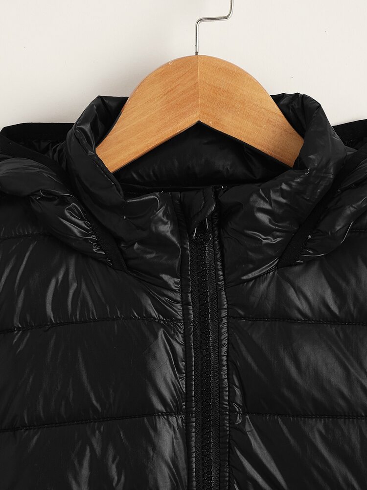 SHEIN Tween Boy Zip Up Hooded Padded Coat - Black - View 3