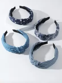 4 piezas de diademas para mujer con estampados de pañuelos, estrellas y rayas en azul vaquero, adecuadas para usar a diario y con atuendos de vacaciones