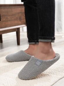 Pantuflas de ajuste ancho con gráfico de letras, pantuflas de dormitorio ligeras antideslizantes para hombres - Gris - Ver 4