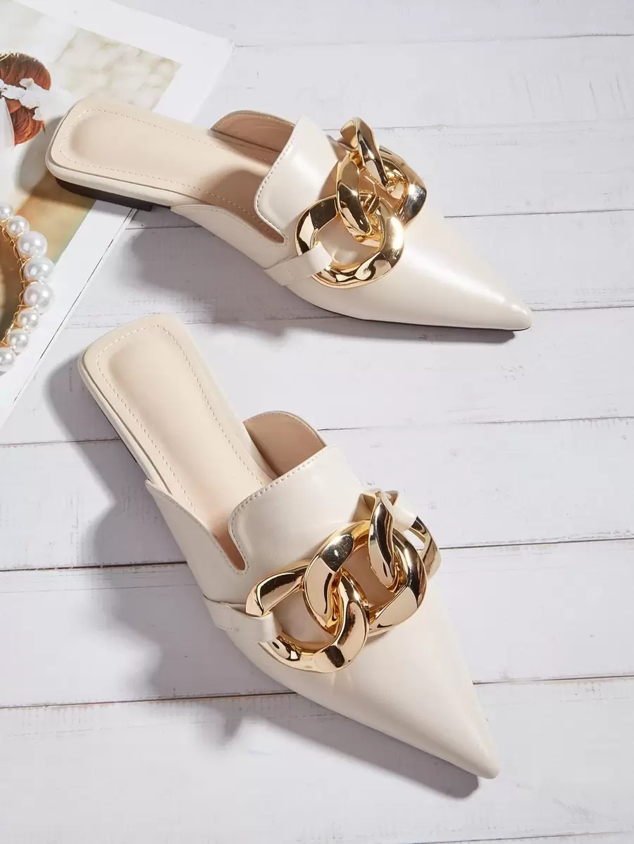 Giày đế bệt mũi nhọn họa tiết dây xích thu/đông - Màu be - Xem 1