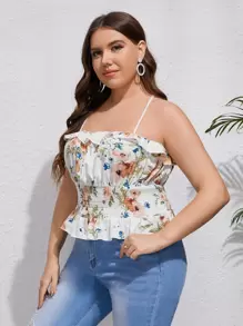Plus Floral Print Shirred Waist Ruffle Trim Cami Top - Multicolor - View 1