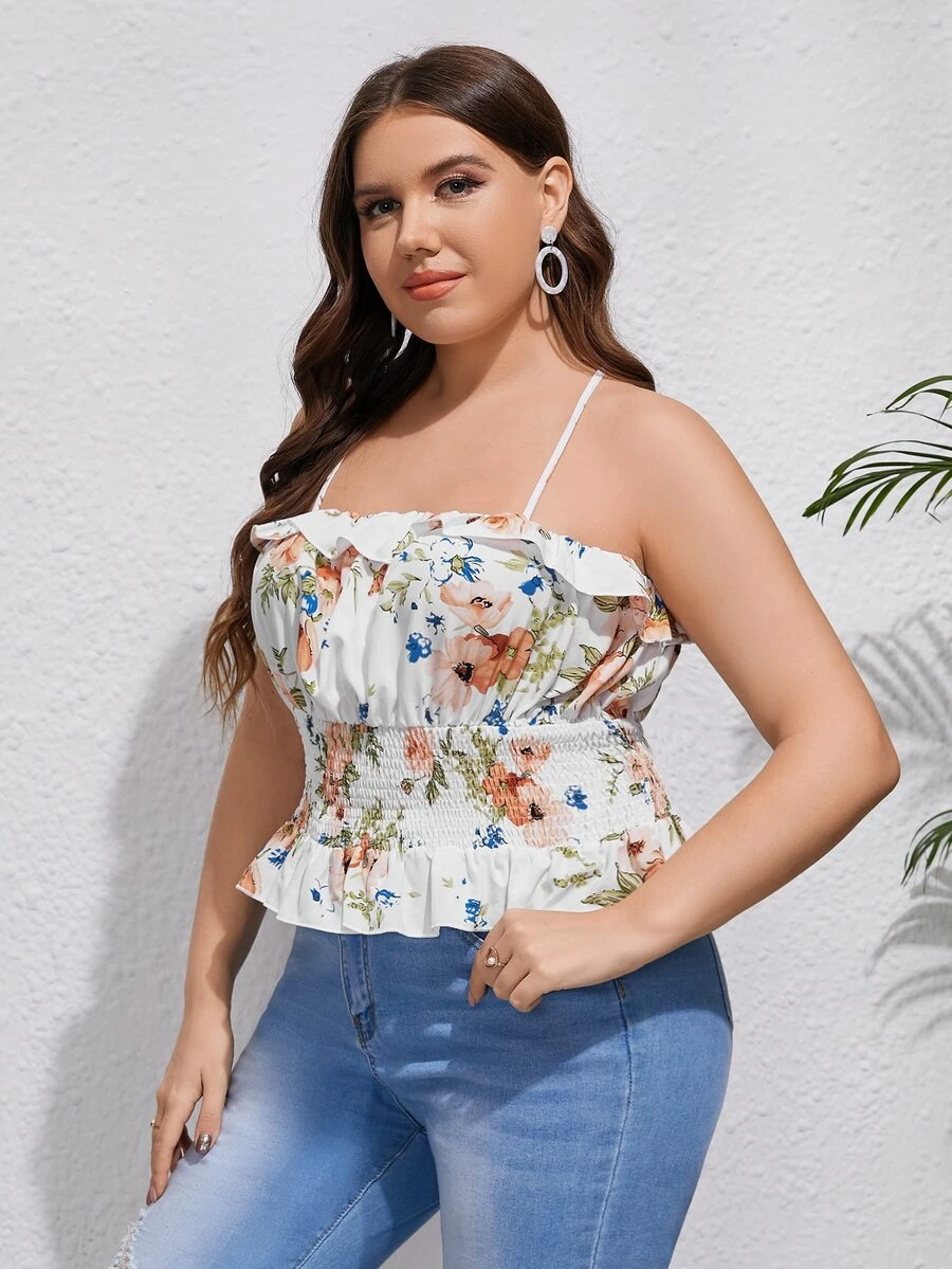 Plus Floral Print Shirred Waist Ruffle Trim Cami Top - Multicolor - View 1
