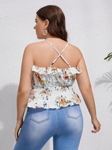Plus Floral Print Shirred Waist Ruffle Trim Cami Top - Multicolor - View 2