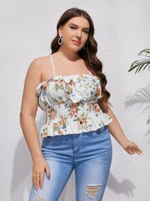 Plus Floral Print Shirred Waist Ruffle Trim Cami Top - Multicolor - View 3