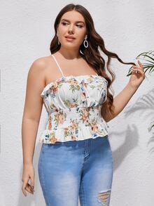Plus Floral Print Shirred Waist Ruffle Trim Cami Top - Multicolor - View 4