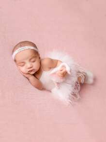 嬰兒肩上打結針織連身背心和網紗裹身裙和鞋和髮箍拍攝套裝 - 白色 - 查看 1