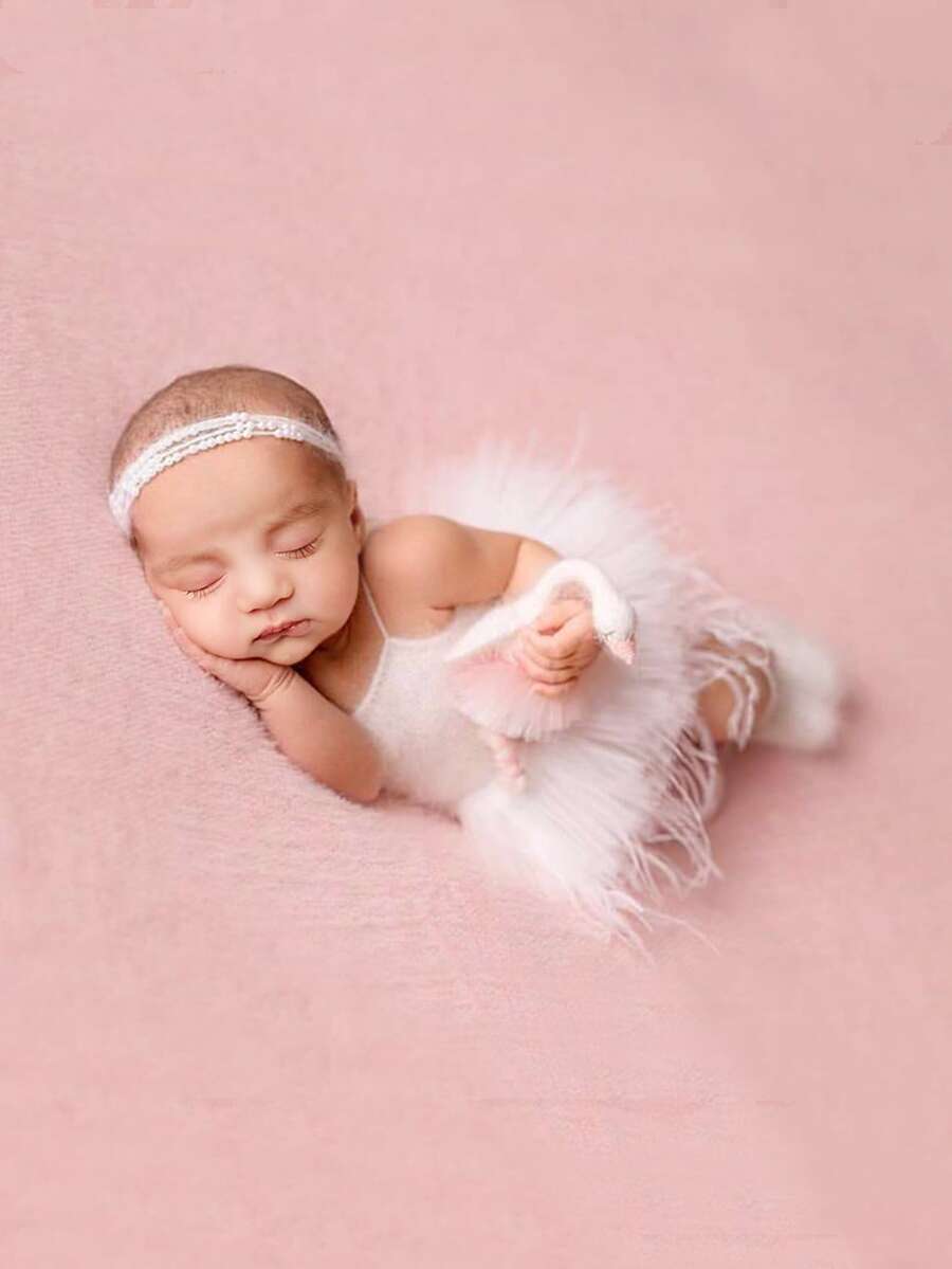 嬰兒肩上打結針織連身背心和網紗裹身裙和鞋和髮箍拍攝套裝 - 白色 - 查看 1