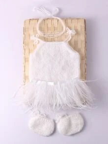 嬰兒肩上打結針織連身背心和網紗裹身裙和鞋和髮箍拍攝套裝 - 白色 - 查看 2