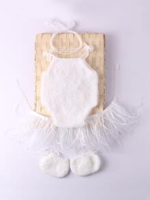 嬰兒肩上打結針織連身背心和網紗裹身裙和鞋和髮箍拍攝套裝 - 白色 - 查看 3