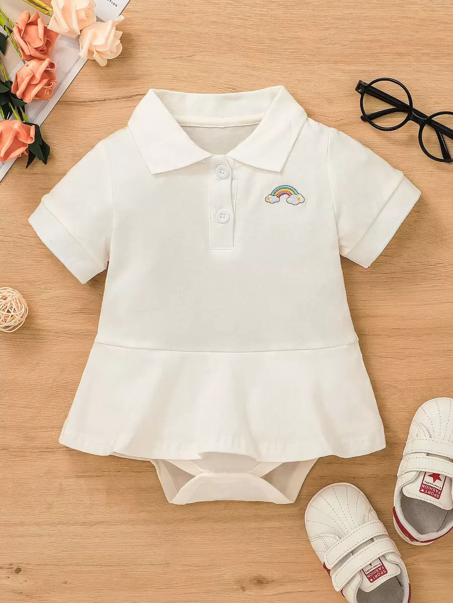 SHEIN Baby Girl Rainbow Embroidered Polo Neck Ruffle Trim Bodysuit - White - View 1