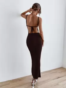 SHEIN BAE Solid Tie Backless Ruched Dress - Coffee Brown - View 2