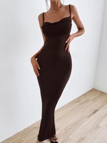 SHEIN BAE Solid Tie Backless Ruched Dress - Coffee Brown - View 6
