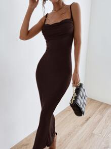 SHEIN BAE Solid Tie Backless Ruched Dress - Coffee Brown - View 7