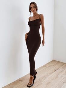 SHEIN BAE Solid Tie Backless Ruched Dress - Coffee Brown - View 8