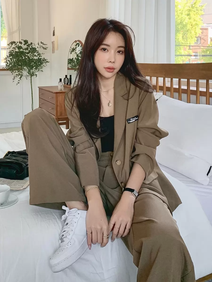 DAZY Letter Patched Detail Single Breasted Blazer & Trousers - Coffee Brown - View 1