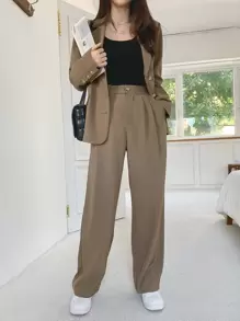 DAZY Letter Patched Detail Single Breasted Blazer & Trousers - Coffee Brown - View 5