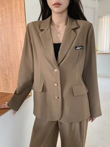 DAZY Letter Patched Detail Single Breasted Blazer & Trousers - Coffee Brown - View 6