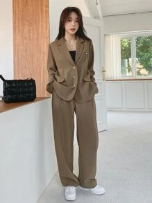 DAZY Letter Patched Detail Single Breasted Blazer & Trousers - Coffee Brown - View 9