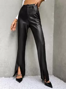 Aveloria Affinna High Waist Slit Hem PU Leather Flare Leg Trousers - Black - View 5