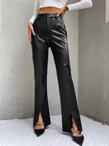 Aveloria Affinna High Waist Slit Hem PU Leather Flare Leg Trousers - Black - View 1
