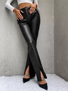Aveloria Affinna High Waist Slit Hem PU Leather Flare Leg Trousers - Black - View 2