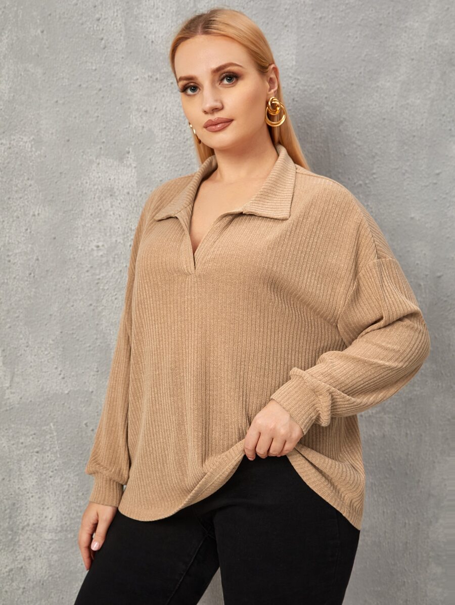 SHEIN LUNE Plus Drop Shoulder Solid Sweatshirt - Apricot - View 1