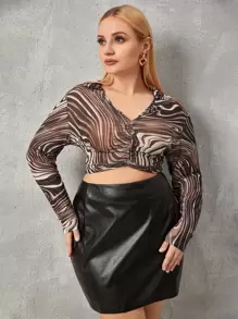 SHEIN Unity Plus Allover Print Fake Button Ruched Crop Mesh Top - Multicolor - View 1