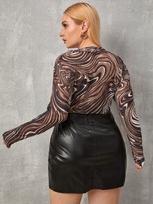 SHEIN Unity Plus Allover Print Fake Button Ruched Crop Mesh Top - Multicolor - View 2