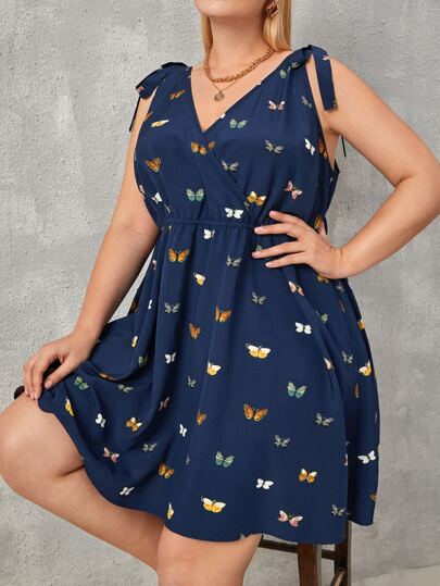 Plus Butterfly Print Overlap Collar Tie Shoulder Dress