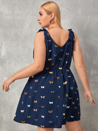 Plus Butterfly Print Overlap Collar Tie Shoulder Dress