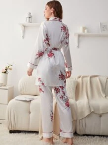 Floral Print Contrast Piping Belted Satin PJ Set - White - View 2