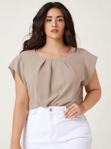 SHEIN Clasi 大碼折疊百褶素色上衣 - 卡其色 - 查看 1