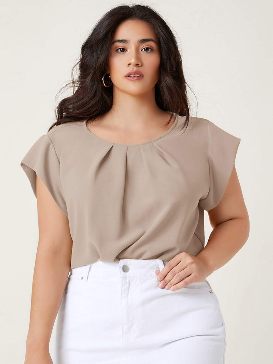 SHEIN Clasi 大碼折疊百褶素色上衣 - 卡其色 - 查看 1