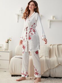 Floral Print Contrast Piping Belted Satin PJ Set - White - View 6