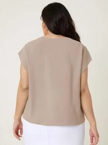 SHEIN Clasi 大碼折疊百褶素色上衣 - 卡其色 - 查看 2