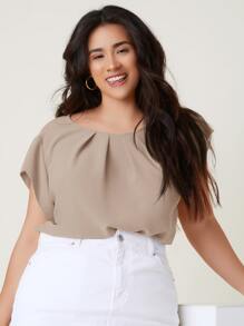 SHEIN Clasi 大碼折疊百褶素色上衣 - 卡其色 - 查看 3