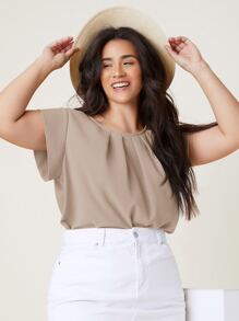 SHEIN Clasi 大碼折疊百褶素色上衣 - 卡其色 - 查看 4